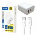 Cargador Rapida PZX 65W 2 Puertos con Cable Tipo C Blanco